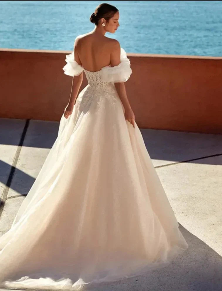 Lace Appliques Sweetheart Wedding Dress Off The Shoulder A Line Bridal Gown Side Split Sweep Train Vestidos De Novia