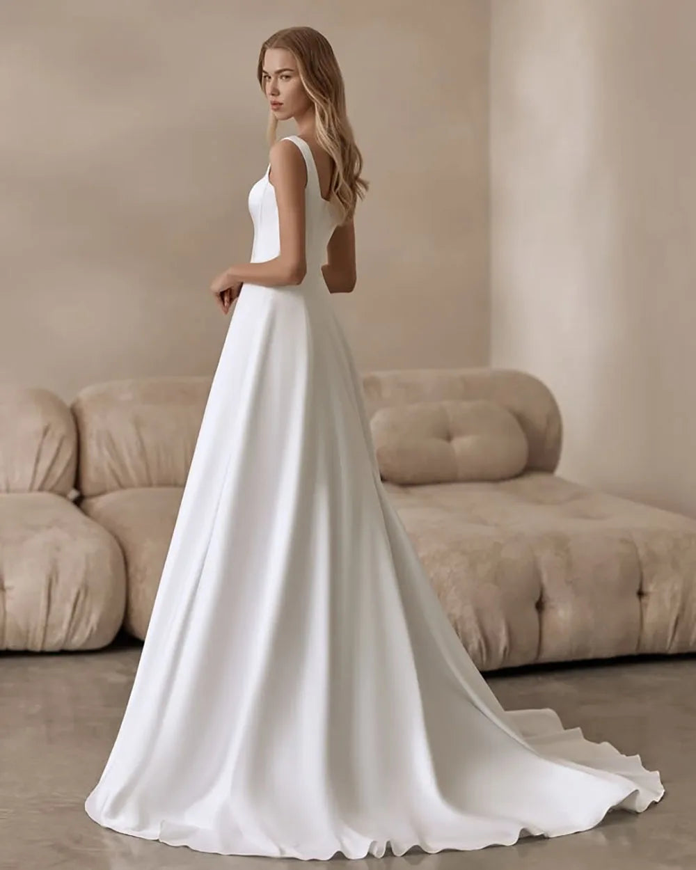 Customized Simple Wedding Dress Square Neck A Line Elegant White Bridal Gown Sleeveless Floor Length Brides Party Gown