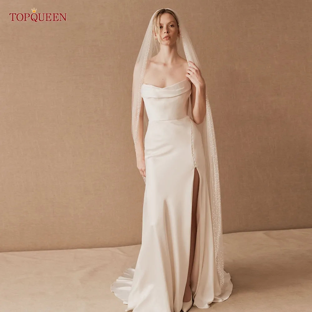 TOPQUEEN Pearls Wedding Veils with Comb Bridal Veil Type Layer Dramatic 1 Tier Pearl Veil Bridal Veils Bead Wedding Veil V157