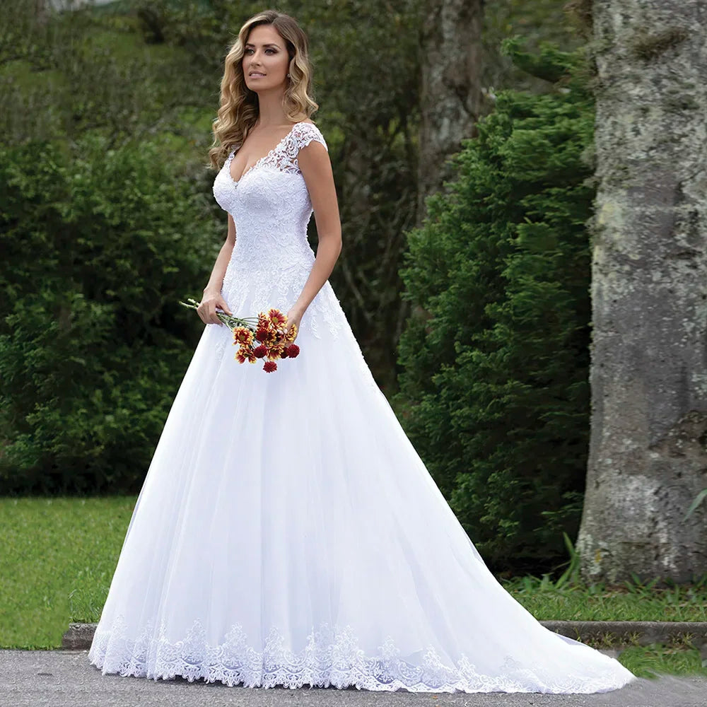 Cap sleeve V-neck tulle A-line wedding dress – Snowy Bridal