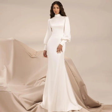 Elegant Women's Wedding Gowns Long Puffy Sleeves High collar Mermaid Wedding Dresses Backless White Satin Trumpet Bridal Dress