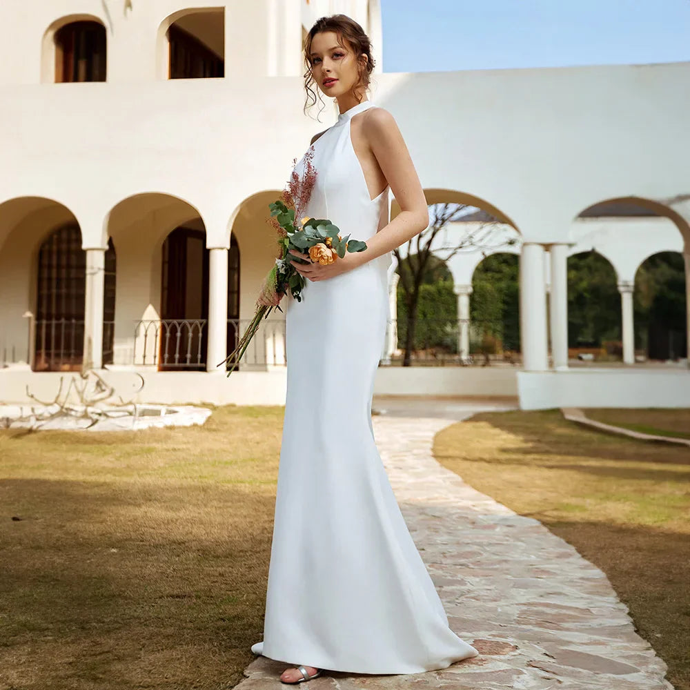Luxury sweep train high neck mermaid sleeveless satin bow lace-up wedding dress side view