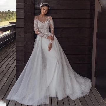 Princess Mermaid Wedding Dresses Long Sleeves Sheer O-neck Applique Detachable Train Boho Bridal Grown Elegant Rode De Morrie