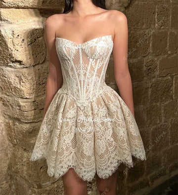 Full lace appliques strapless short A-line corset back wedding party dress front view