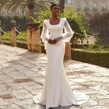 Customized Civil Wedding Dress Square Neckline Puff Sleeves Elegant Mermaid Wedding Gown with Buttons Bridal Party Dress