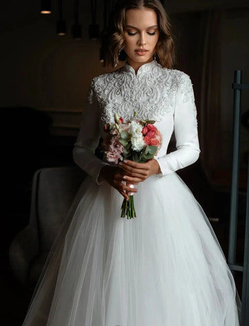 Elegant Long Muslim Wedding Dresses Applique Lace Beaded High Neck White A Line Tulle Bride Gowns Elegant Arabic Dubai Vestido
