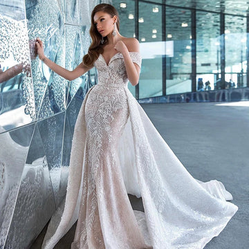 Luxury Mermaid Detachable Train Wedding Dress With Beading Lace Boatneck Sleeveless Ball Gown Customized Zipper Vestido De Novia