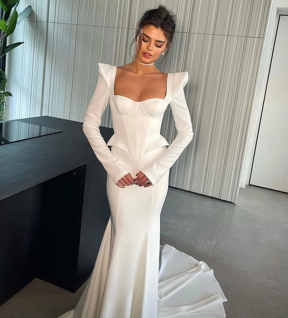Mermaid Satin Wedding Dresses Long Sleeves Corset Bridal Gowns Arabic Square Neck Brides Dress Custom Made Robe De Mariee