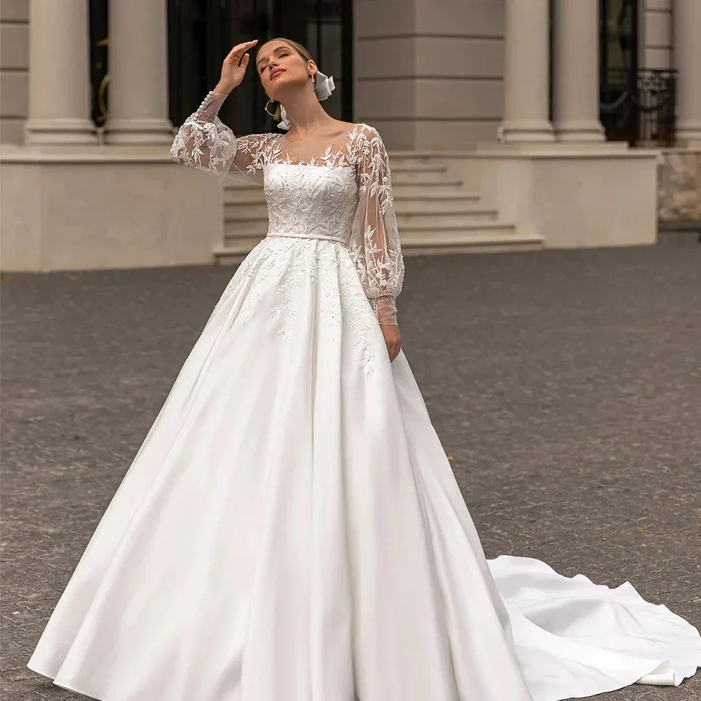 Classic Wedding Dresses 2023 Women O-Neck Full Sleeves Bride Dress Satin With Applique Sweep Train A-Line Custom Occasion Gowns