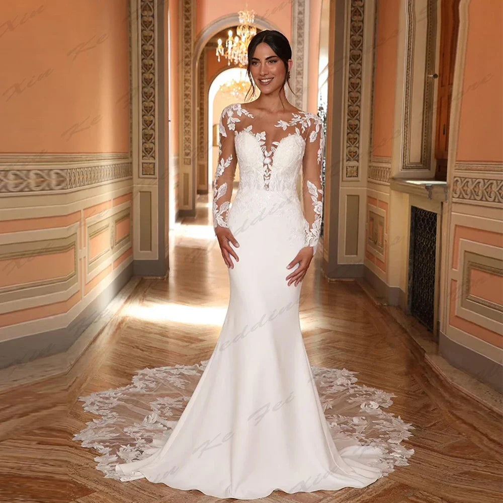 Gorgeous women's long sleeved mermaid lace applique princess prom wedding dress formal beach party bridal gown