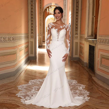 Gorgeous women's long sleeved mermaid lace applique princess prom wedding dress formal beach party bridal gown