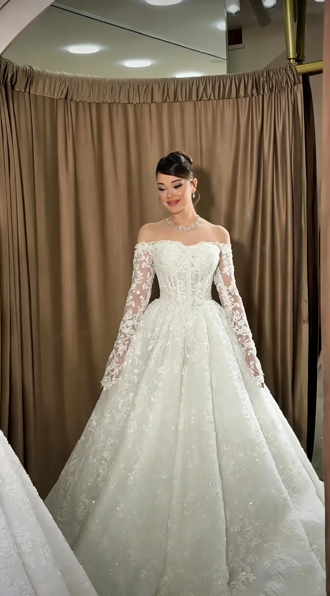 Off-shoulder bell sleeve 3D lace ball gown wedding dress – front view – Snowy Bridal