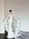 Gorgeous lace off-shoulder mermaid wedding dress long sleeve see-through vintage bridal gown