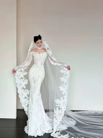 Gorgeous lace off-shoulder mermaid wedding dress long sleeve see-through vintage bridal gown