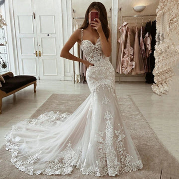 Spaghetti Straps Wedding Dress Customized V-Neck Lace Appliques Sexy Mermaid Bride Gown Backless Vestidos De Noiva