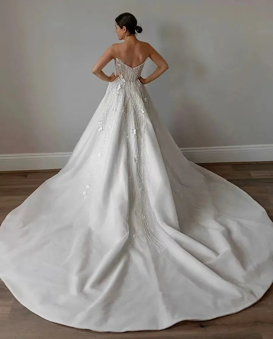 Sleeveless Beading Applique Pearls Square Collar 3d Flowers Floor Length Gowns Robe De Mariee Wedding Dresses Customize
