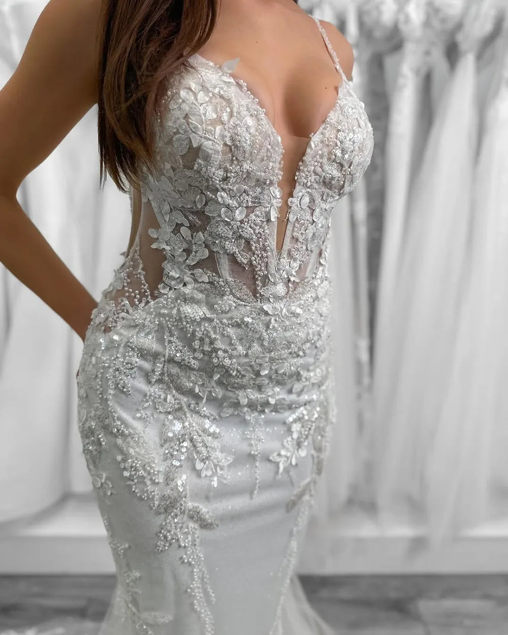 Luxury Mermaid Wedding Dress Customized 205 Lace Deep V Neck Bridal Gown Open Back Elegant Bride Dress With Long Train