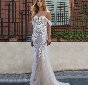 Appliques Flower Wedding Dress For Women Vestido De Noiva Plus Size Lace Mermaid Bridal Gowns Off Shoulder Sweetheart Bride