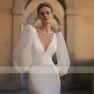 Glamorous Wedding Dresses V-Neck Backless Bridal Robes Long Puff Sleeves Gowns For Formal Party Mermaid Vestidos De Novia