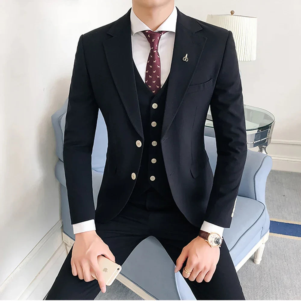 Men suit wedding business casual slim notch lapel 3 piece blazer vest pants costume