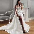 A-line spaghetti straps off-shoulder square collar sexy side slit bridal gown back view