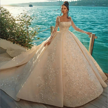 customized Luxurious Ball Gown Wedding Dresses Long Sleeves Satin Square Neck Beading Long Bride Gowns Robe Vestido De Noiva