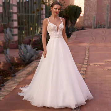 Pieces Wedding Dress Women Spaghetti Straps Customized V Neck Bridal Dress Lace Appliques A-Line Backless Brides Gown