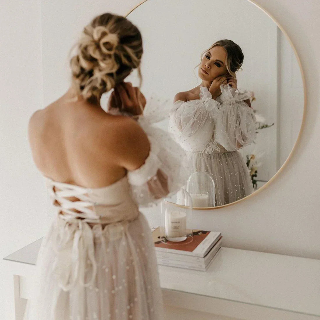 Long Puffy Sleeves High Split Pearls Wedding Dress A Line Romantic Sweetheart Floral Appliques Custom Made Laceup - Image 1