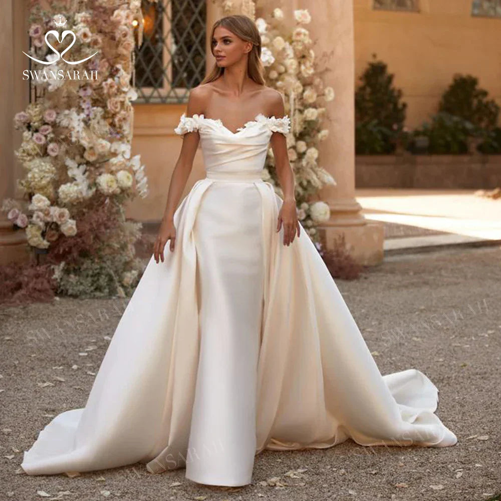 3D Flowers Mermaid Wedding Dress 2024 Off Shoulder Satin Detachable Train Princess Bride Gown SwanSarah M254 Vestido De Novia WHITE