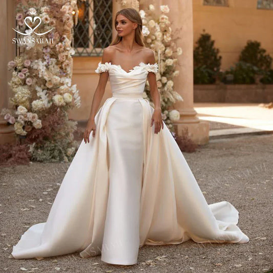 3D Flowers Mermaid Wedding Dress 2024 Off Shoulder Satin Detachable Train Princess Bride Gown SwanSarah M254 Vestido De Novia WHITE