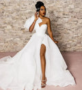 Puff sleeve single shoulder V-neck A-line beach side split big bow bridal dress side view