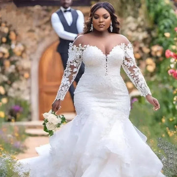 Customized 2026 Mermaid  Plus Size White Lace Wedding Dress Sexy Sweetheart Transparent Collar Long Sleeve Wedding Dress