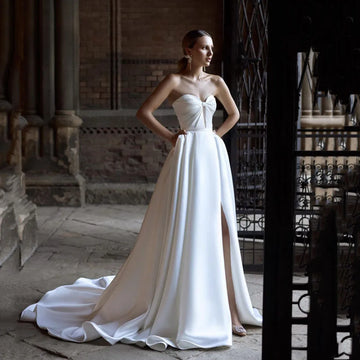 Simple Wedding Dresses Customized High Slit Women Bridal Gowns Strapless A Line Vestidos De Noiva Satin Modern Bride Dress
