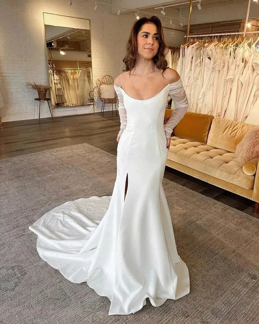 Long Sleeve Beads Pearl Mermaid Wedding Dresses Soft Satin Beach O-Neck Women Side Slit Bridal Gowns Sexy Wedding Party Gown