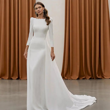 Modest Wedding Dresses 2026 Long Sleeve Scoop Neck Backless Vintage Simple Bridal Dress With Detachable Train Customized