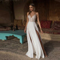 Lace Appliqué Sweep Train Wedding Dress For Women Sexy A-Line Split Spaghetti Backless V-Neck Bridal Gown Robe De Mariée white