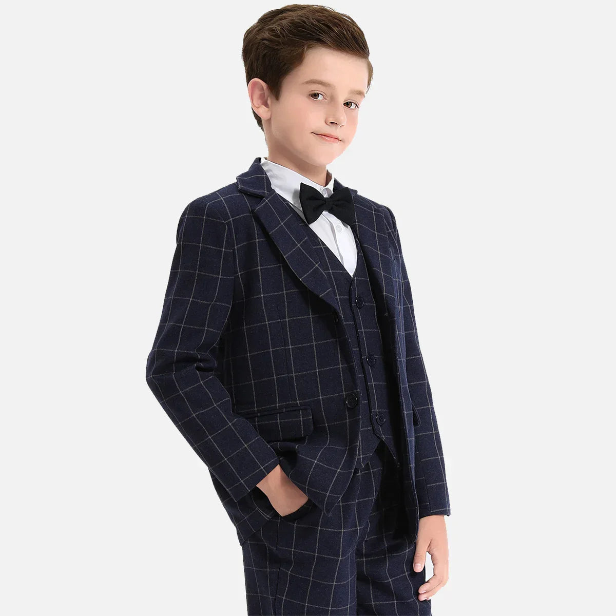 Suit for Kids Boys Wedding Plaid Teenager Formal Easter Tuxedo Bowtie Children Blazer Flower Party Performance Costume 3PCS