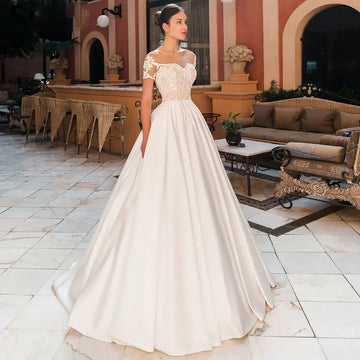 Flavinke Customized Sweetheart Wedding Dresses Satin Appliques Off The Shoulder Floor Length Bridal Robe De Mariée With pockets