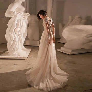 Elegant Wedding Dresses for Woman O Neck Long Sleeves Bridal Gowns Appliques Sweep Train A-line Tulle Vestidos De Novia