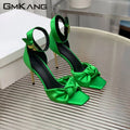 Satin ankle strap crystal studded round heels high heels summer runway women sandals back view