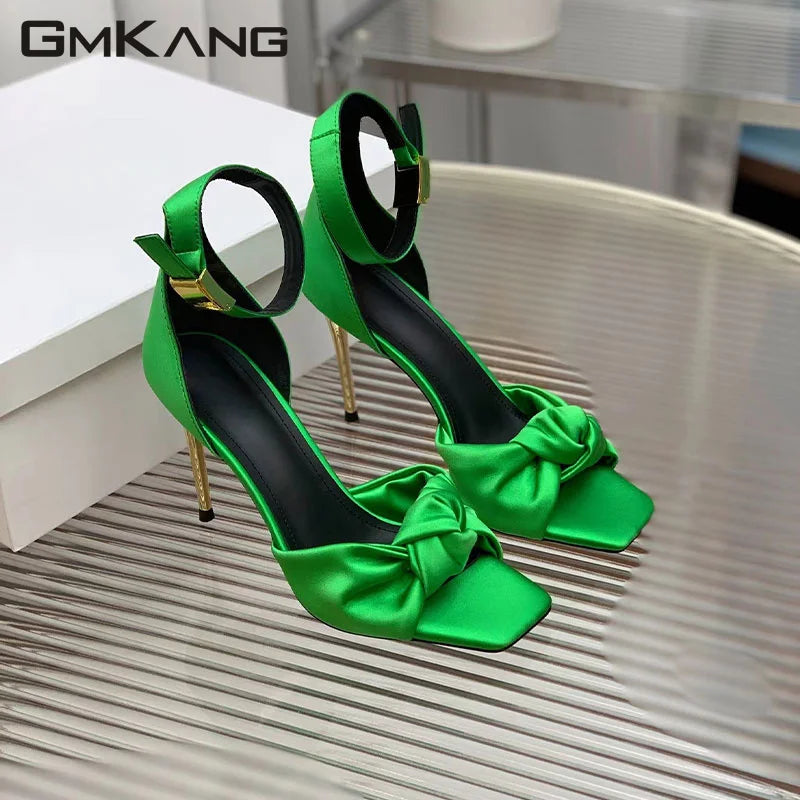 Satin ankle strap crystal studded round heels high heels summer runway women sandals back view