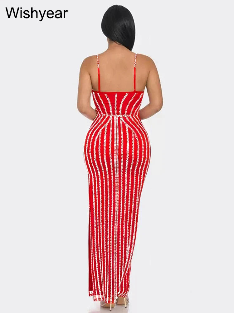 Wishyear Luxury Rhinestone Party Night Strap Sleeveless Bodycon Maxi Evening Birthday Dress for Women Prom Long Vestidos Elegant