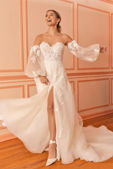 Elegant Long Puff Sleeves Sweethart Lace Applique A Line Bridal Grown Wedding Dresses Side Slit Custom Made Vestido De Noiv