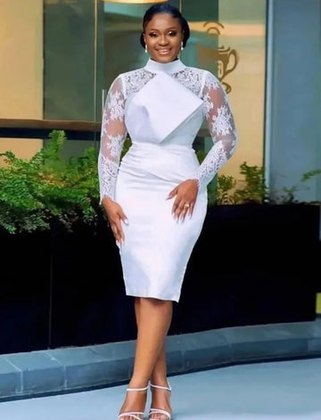 Aso Ebi short wedding dress 2026 high neck lace long illusion sleeves sheath bride party gown