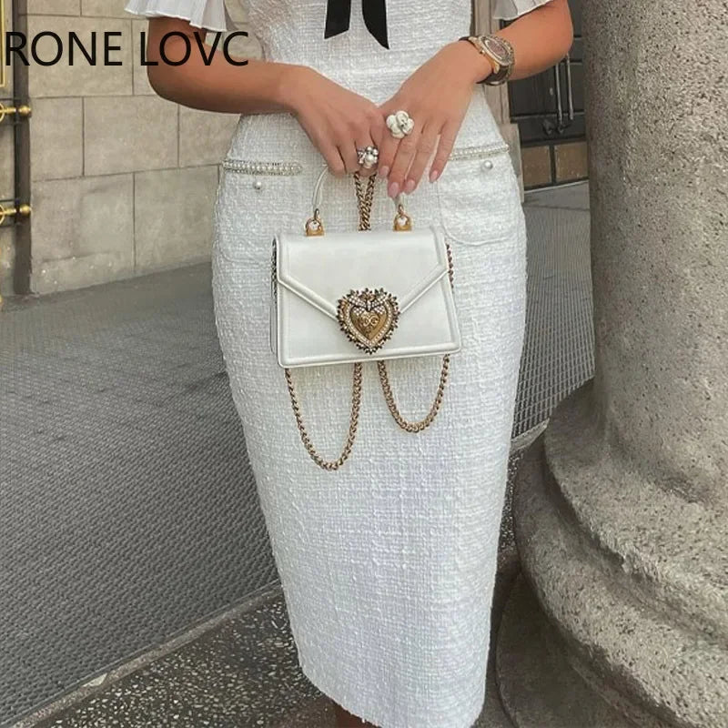 Beaded bow ruffle elegant round neck short sleeves formal white dress women back view