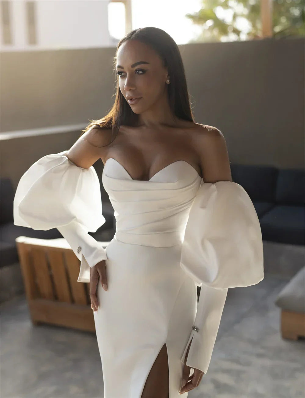 Detachable Puff Sleeves V-neck Soft Satin Sheath/Mermaid Wedding Dresses Side Slit Sweep Train   Bridal Grownm