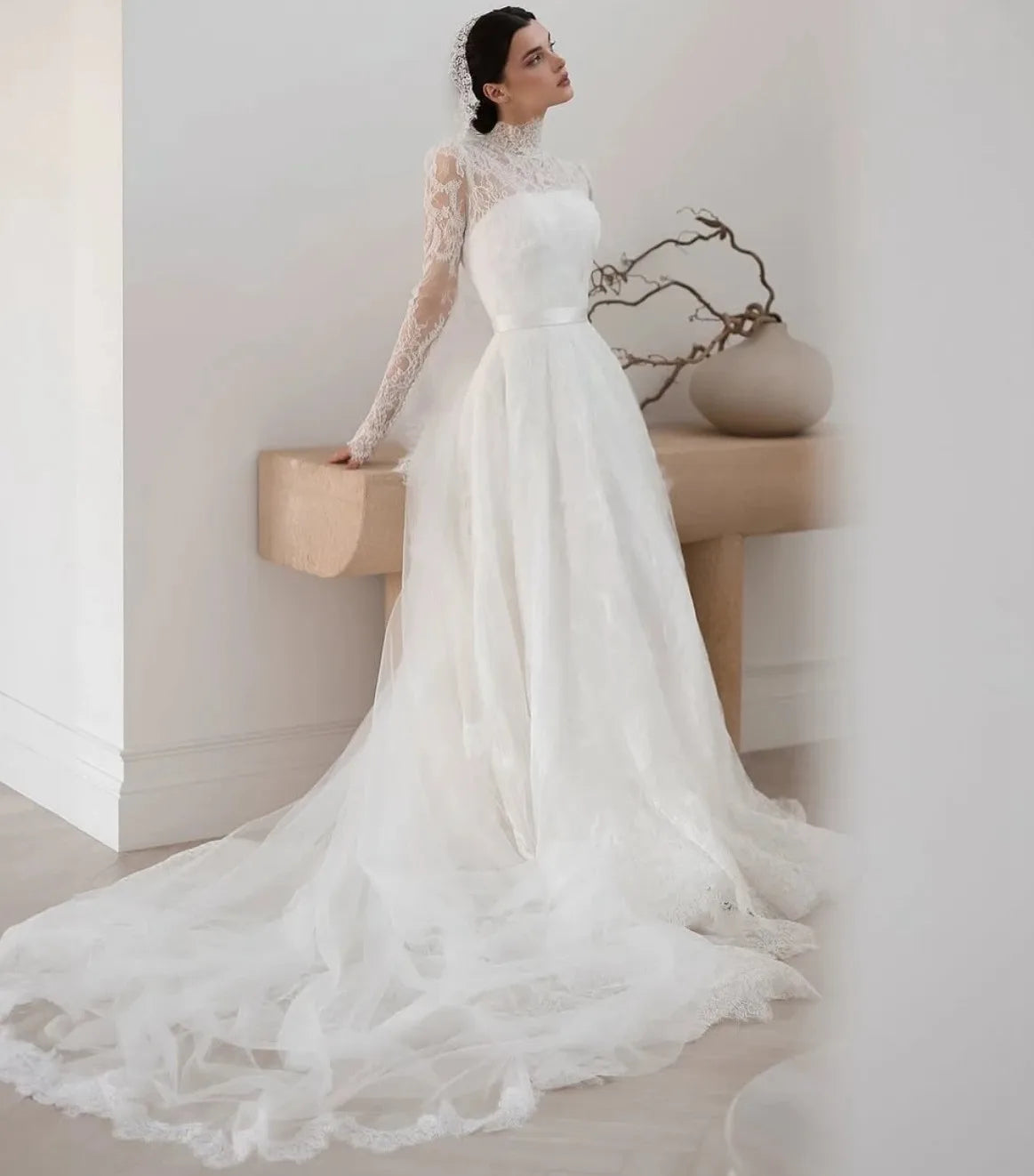 Luxury lace wedding dress long sleeves - front