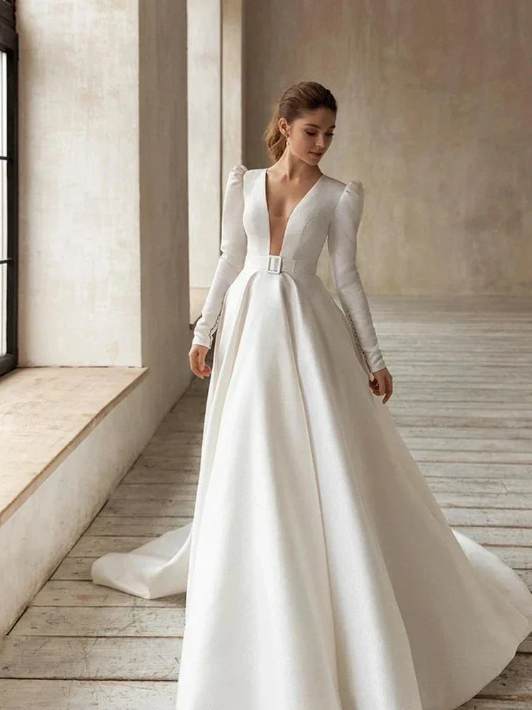 Classic Elegant Wedding Dresses A-Line Satin Bridal Gowns V-Neck Long Sleeves Robes For Formal Party 2024 Vestidos De Novia Beige