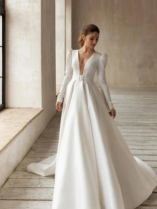 Classic Elegant Wedding Dresses A-Line Satin Bridal Gowns V-Neck Long Sleeves Robes For Formal Party 2024 Vestidos De Novia Beige