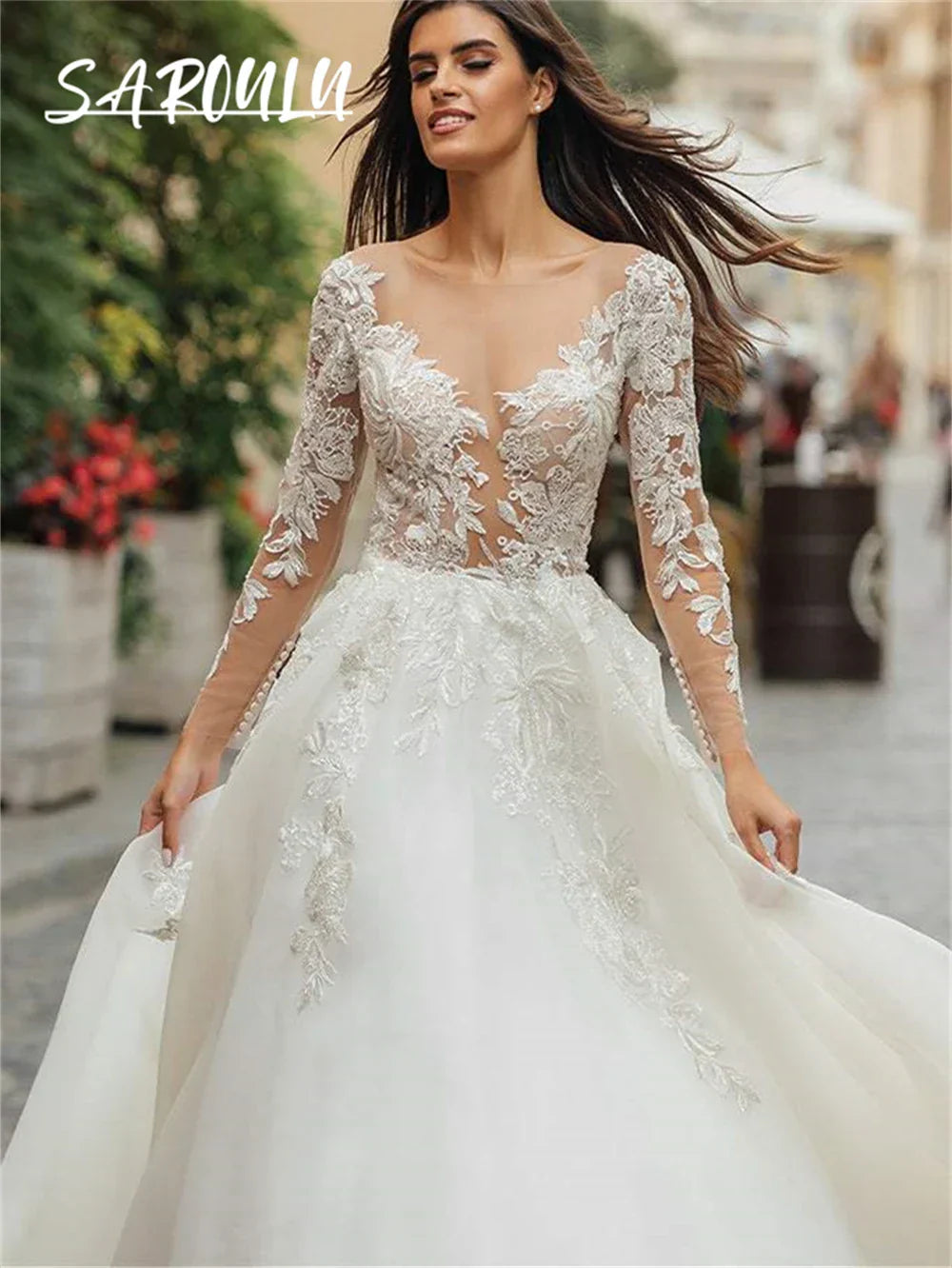 White Tulle Wedding Dress Long Sleeves With Lace Appliques Sheer Neckline Button Closure Bridal Gown Custom Made Bride Dresses